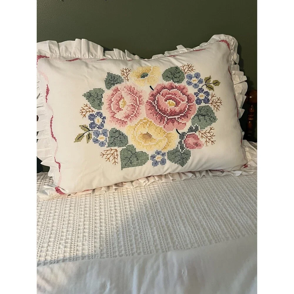 Vintage Cross Stitch Roses Full Size Decorative Sham